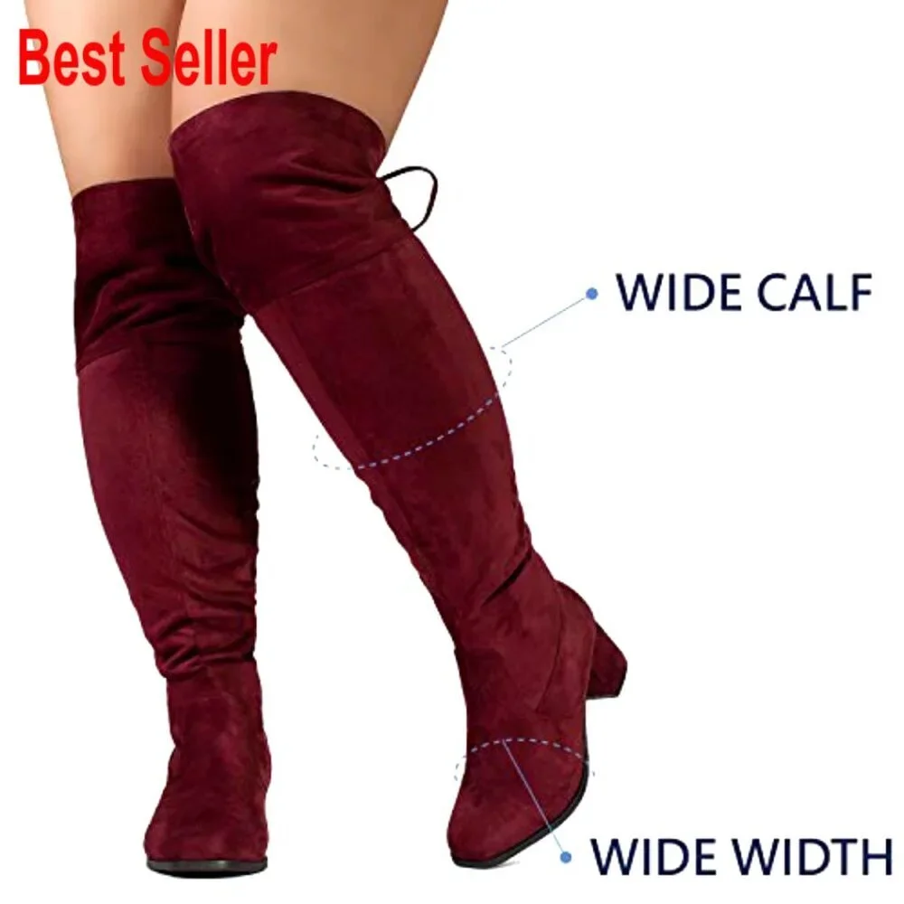 Wide Calf Over The Knee Boots with Block Heel and Memory Foam Insole